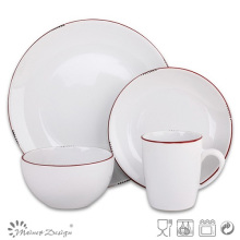 16PCS Dinner Set White Glaze Peel Design with Red Rim